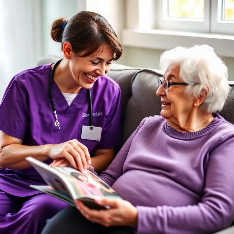 Caregiver laughing with senior over photo album