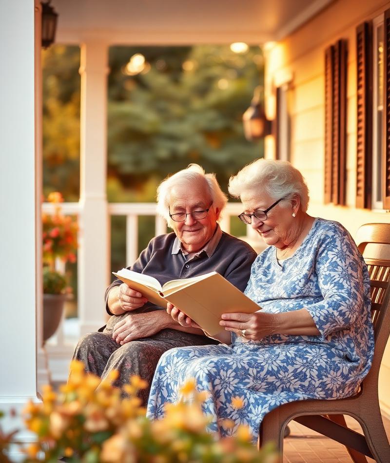 Elderly couple reading on porch