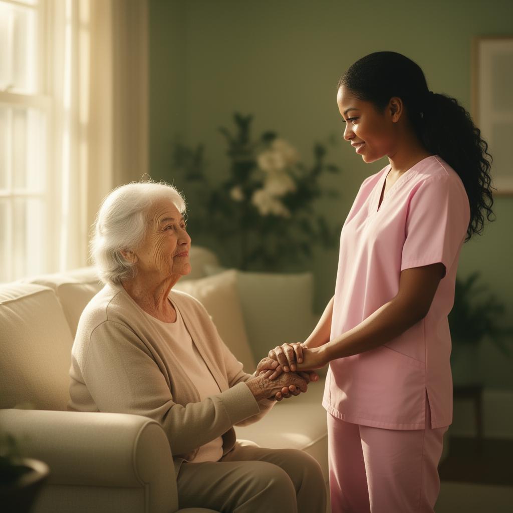 Caregiver gently holding an elderly woman's hand